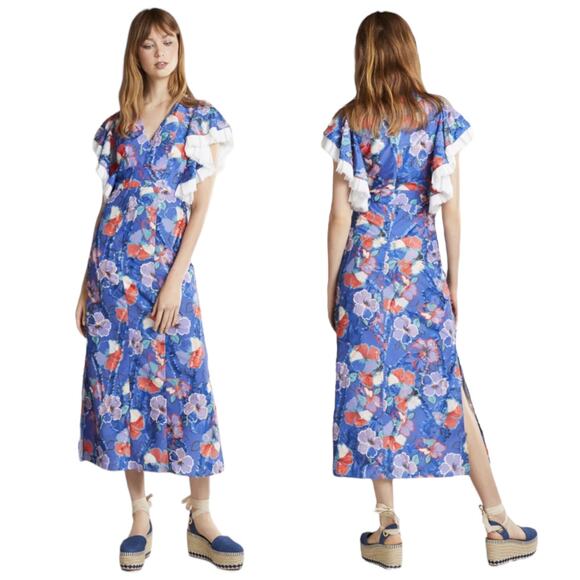 Tory Burch Natalie Floral Midi Resort Dress Ruffle Trim Blue Size 0 - Picture 1 of 14